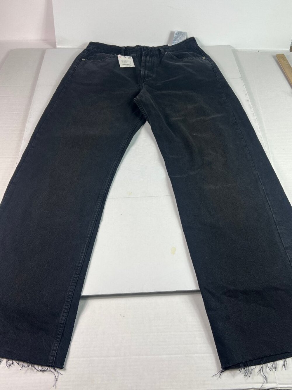 Zara Jeans Women's 33x33* High Rise Wide Leg Black Raw Bottom Hem Denim Tag 14